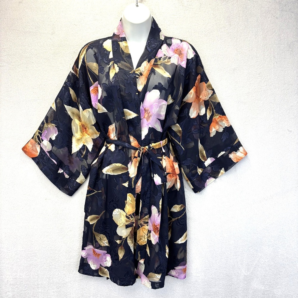 Vintage Semi Sheer Textured Kimono Style Robe Womens Small Blue Floral Jacquard